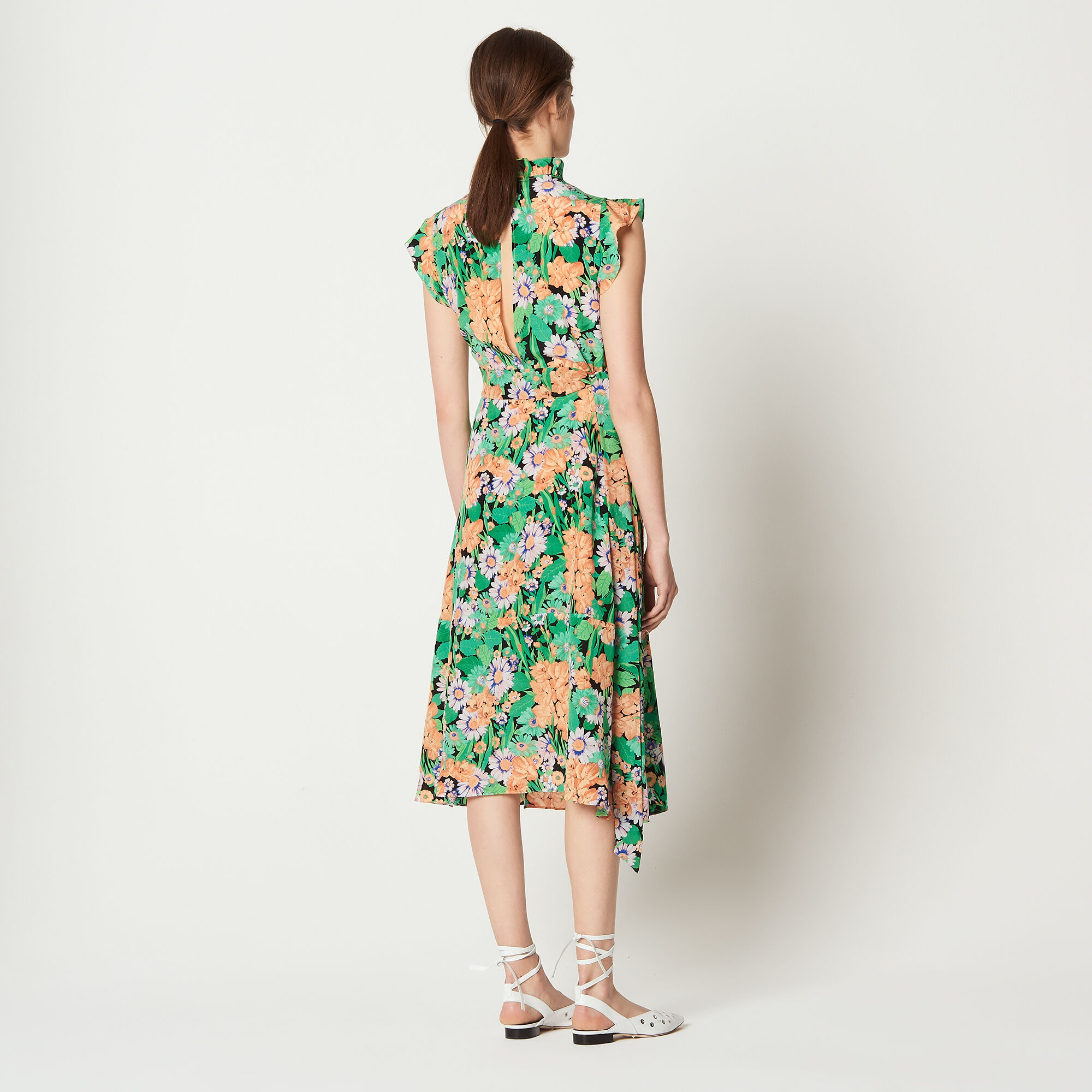 Mid-length silk dress with floral print | Sandro | Sandro