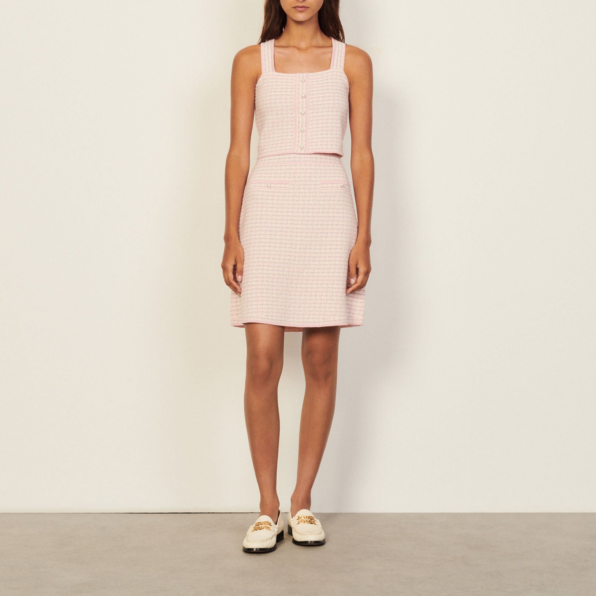 SANDRO ピンク ノースリーブTOP Striped rhinestone shirt pink For Women | Sandro Paris